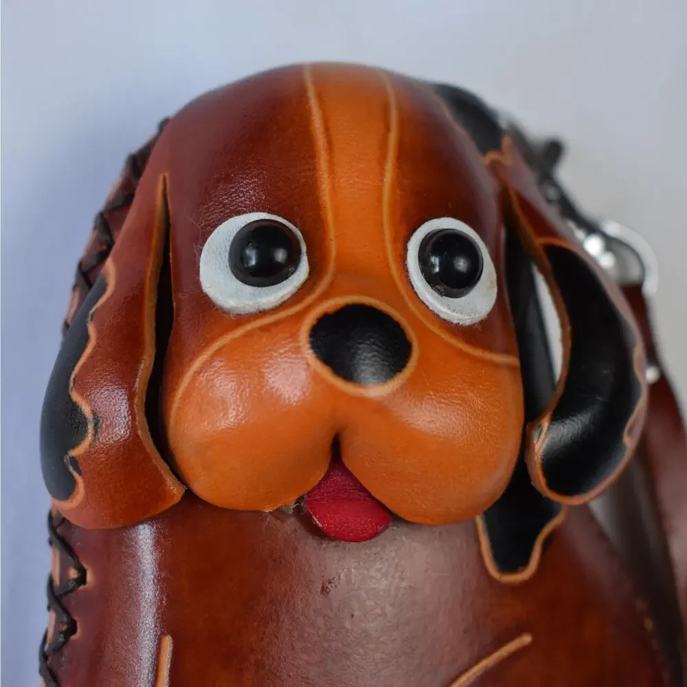 Handmade Leather Dog Coin Purse Puppy Wallet Brown Animal Keychain Bag Charm EUC - Picture 2 of 5